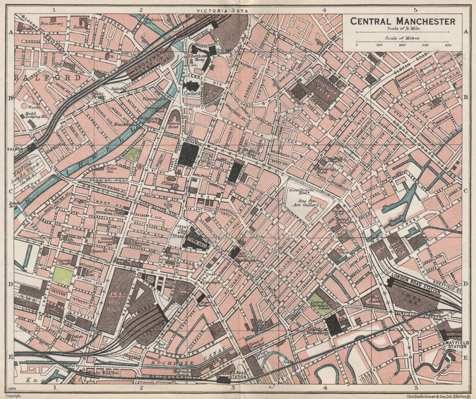 CENTRAL MANCHESTER. Vintage town city map plan. Lancashire 1930 old